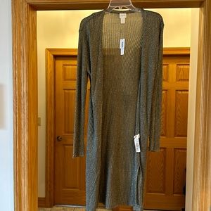 Chico’s ribbed sweater. Green (olive) with gold threads. Great for NYE!!